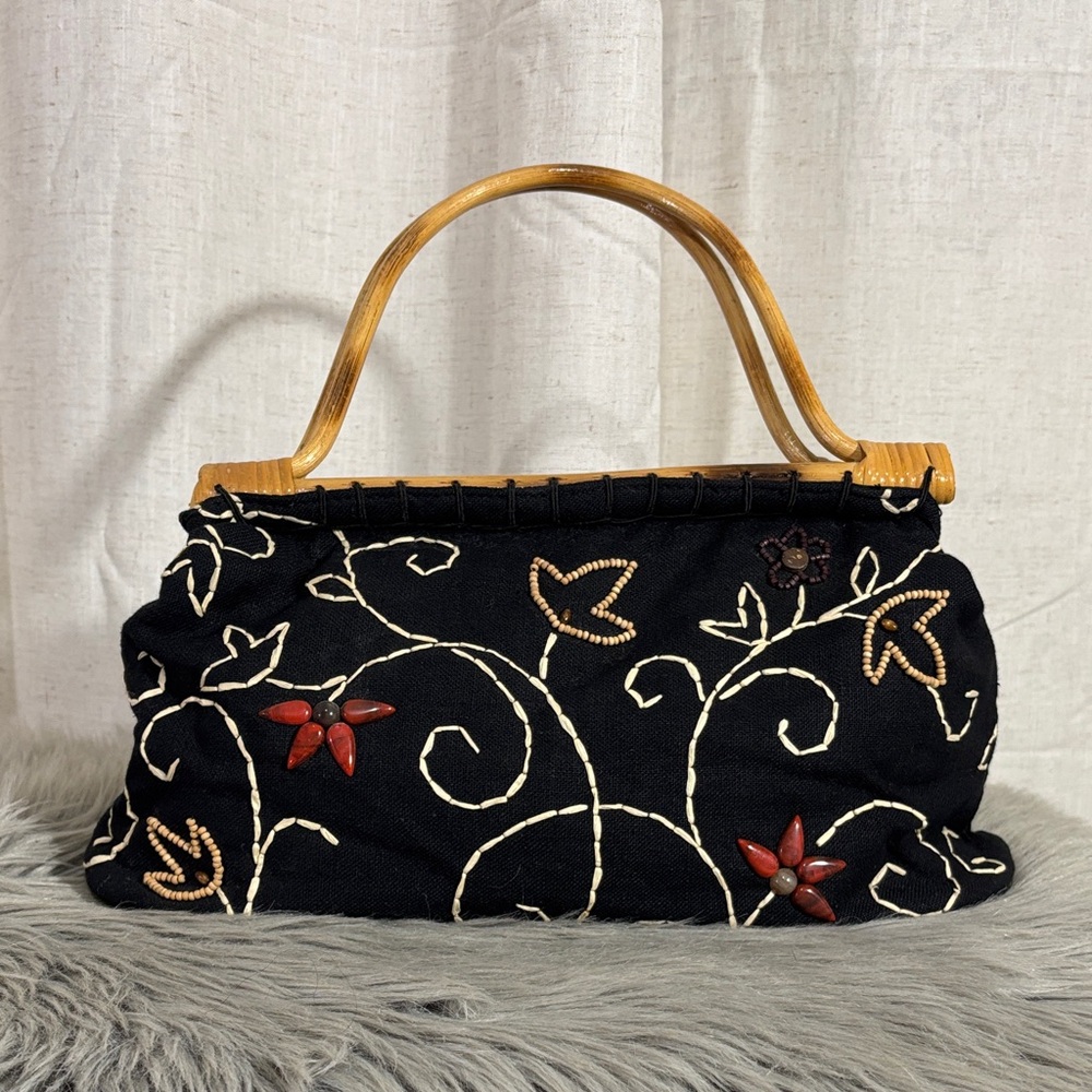 St. John’s Bay Black Embroidered/Beaded Floral Handbag with Wooden Handles